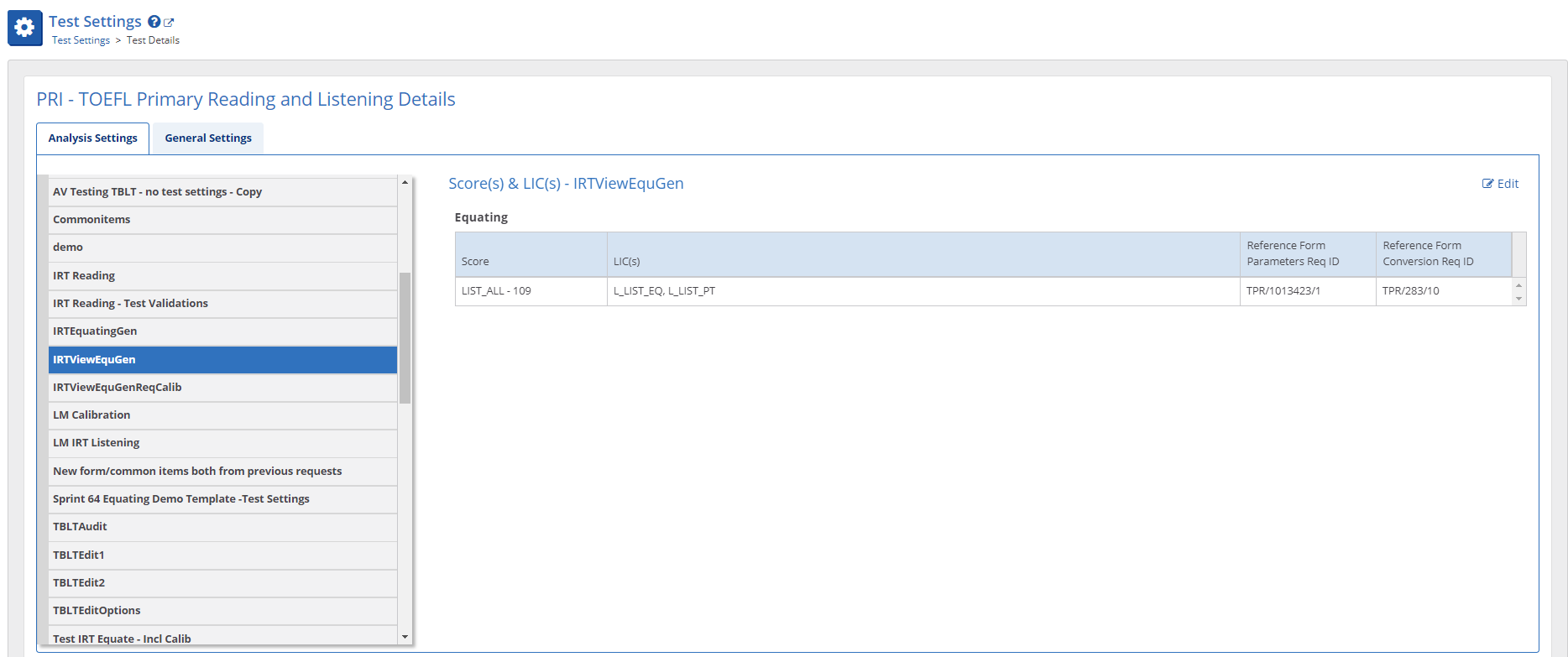 Equating test settings view